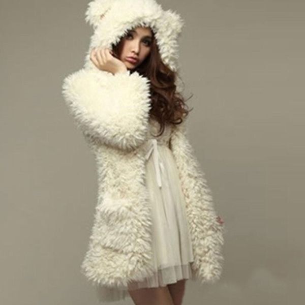 

new korean winter women faux lamb wool coat,lovely bear ear plush hooded jacket,princess style thick warm long parkas 201031, Black