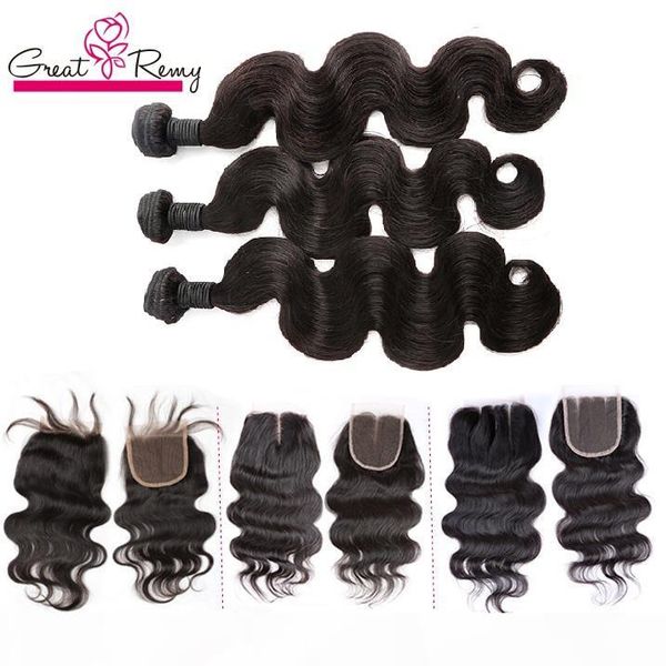 

greatremy 8a grade 3pcs brazilian hair bundles with 1pc closure full head human hair weave peruvian hair extensions weave, Black