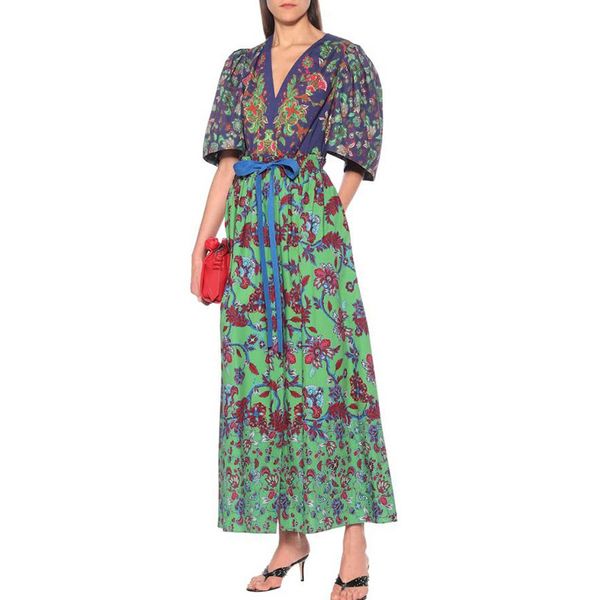 

european and american model style 2020 spring new fashion v-neck bubble middle-sleeve floral-print jumpsuit tied high waist skirt, Black