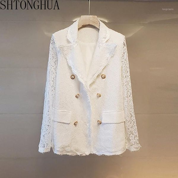 

2020 vintage women's spring and autumn jacket coat lace long sleeve lapel fashion office women's white and black coat1, Black;brown