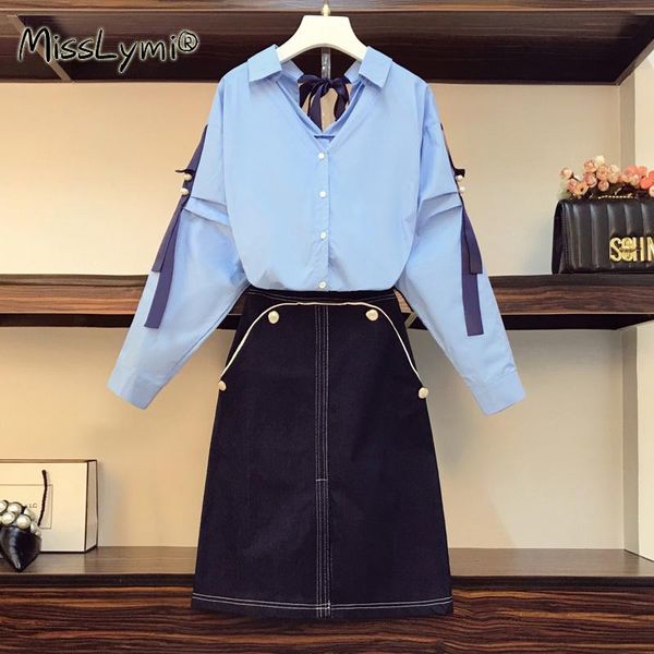 

xl-4xl plus size women two piece set clothes autumn 2020 long sleeve blue shirts and high waist a-line split denim skirts, Gray