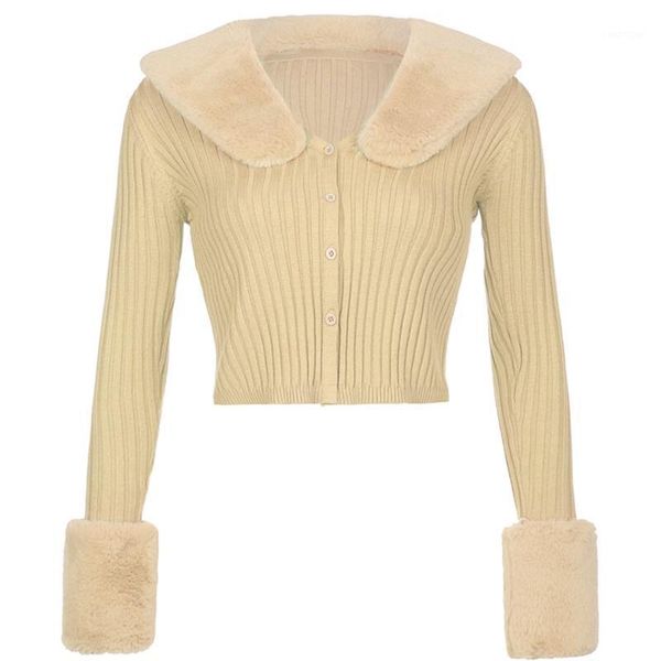 

women long sleeve knitted cardigan fluffy plush patchwork lapel collar buttons sweater coat solid color slim crop, White