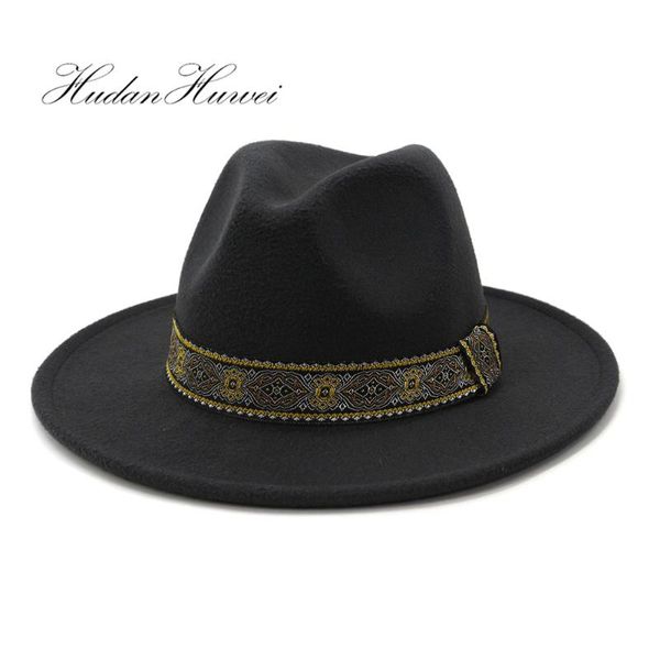

woolen jazz panama fedora hat men women wide brim white black red felt hats caps, Blue;gray