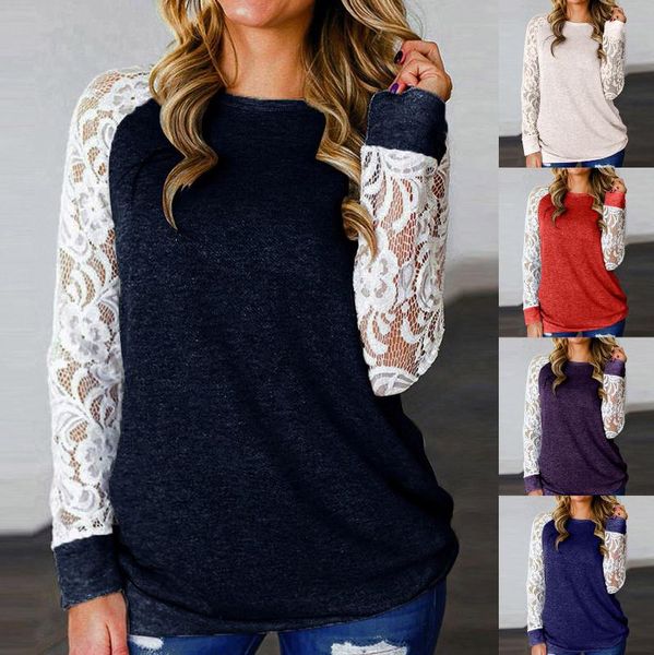 

plus size women 2020 long sleeve fashion lace floral splicing o-neck long sleeve t-shirt casual black lace top, White