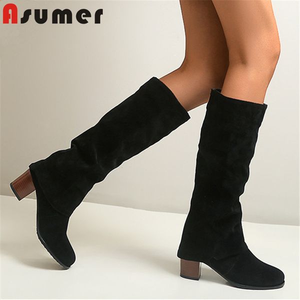 

smirnova 2020 european style woman western boots flock pleated high heel casual shoes autumn winter women knee high boots, Black