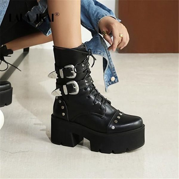 

lala ikai толстой платформа boots женщина 2020 осень зима шнуровка черного ботильоны британской коренастый каблуки верхом xwc10270-4, Black