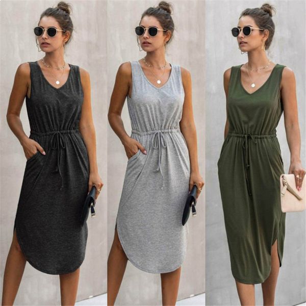 

2021 new the summer swan sleeveless cleavage v cordon high waist line at knee height asymmetric casual cotton waistcoat te58, Black;gray