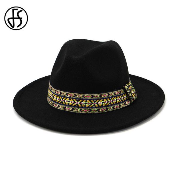

fs fedora hats black yellow white felt wool jazz cowboy panama cap for women men vintage wide brim trilby bowler hat, Blue;gray