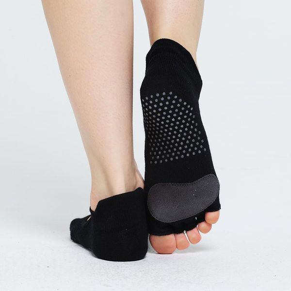 

women cow leather silicone non-slip yoga socks cushioning five fingers pilates fitness ballet breathable sports socks good grip, Black