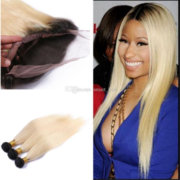 

ombre blonde color 360 full lace band frontal closure with brazilian virgin #1b 613 human straight hair bundles double wefted 13x4x2, Black