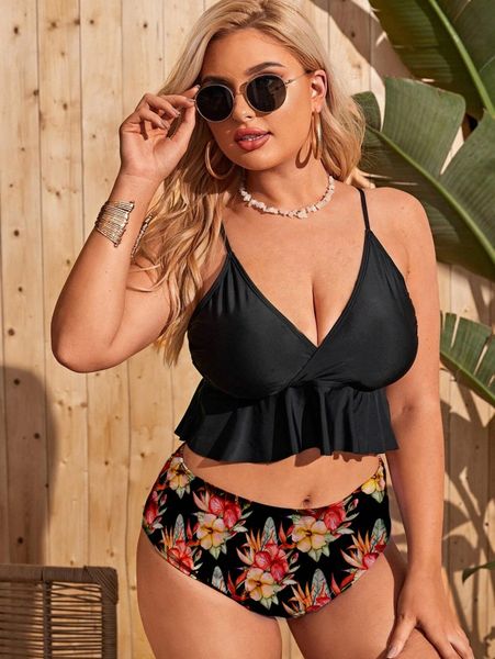 

plus floral ruffle hem bikini swimsuit a0x0#, Black