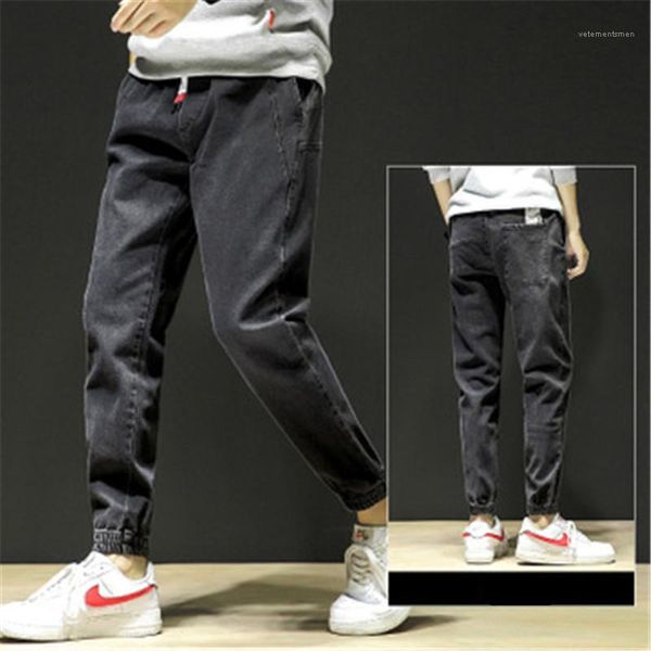 

elastic waist slim trousers fashion trend drawstring with pockets casual jeans designer male loose mid waist cargo pants man, Blue