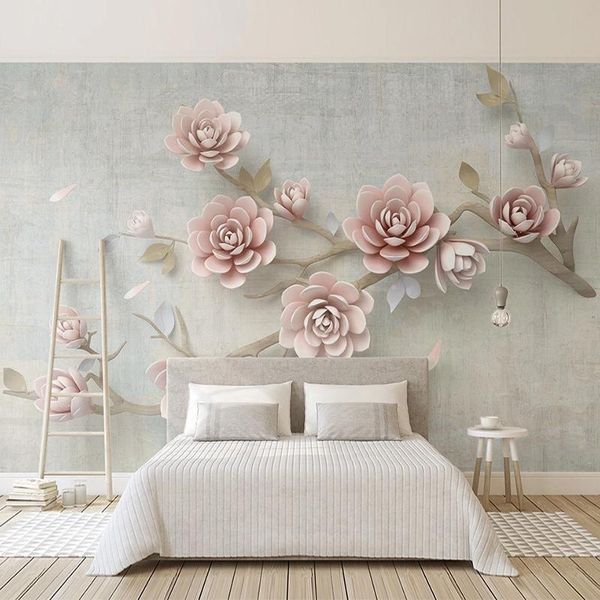 

custom mural beautiful 3d stereoscopic relief pink flowers romantic modern bedroom living room tv background p wall paper