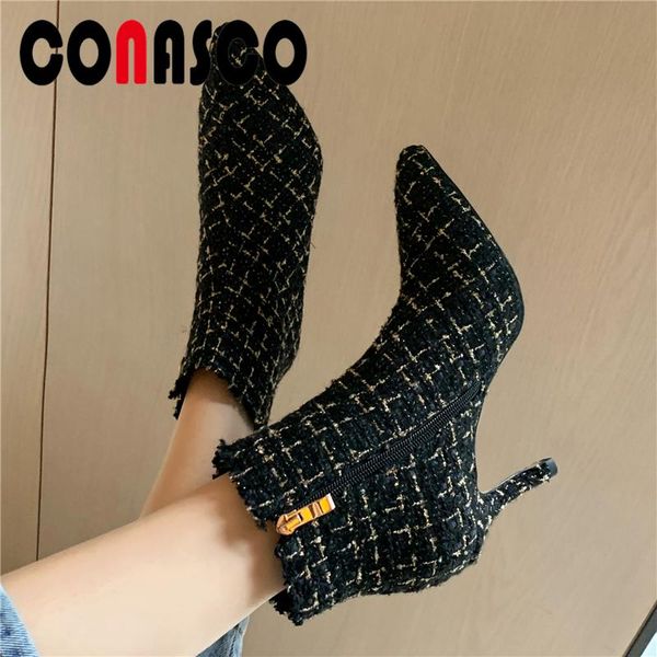 

boots conasco 2021 women ankle autumn pointed toe fashion gingham shoes woman concise thin heels casual basic, Black
