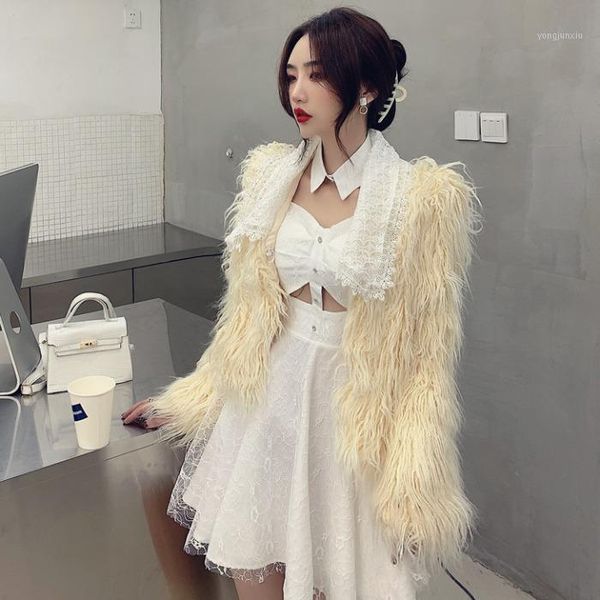 

lace collar fashion slim fur coats women outerwear long sleeve teddy bear fur jackets outerwear abrigos mujer td64201, Black