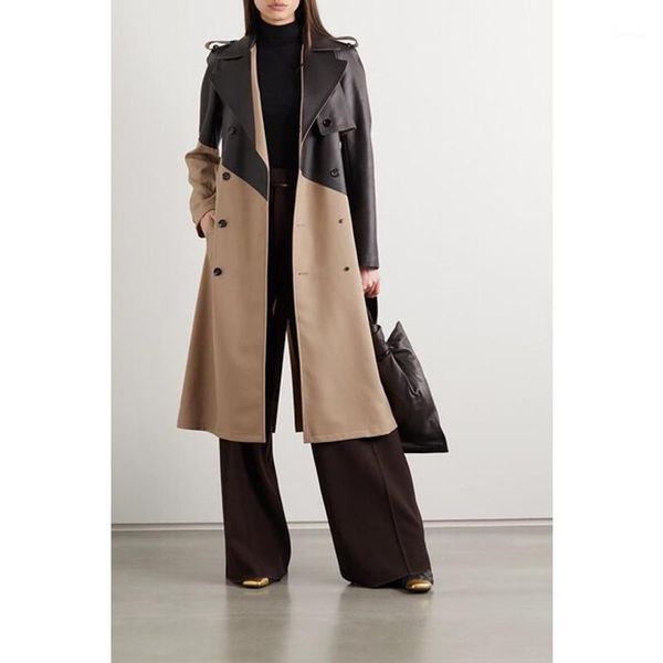 

end 9.25 custom high contrast color patchwork genuine leather with belt long sheepskin trench coat 2021 autumn new1, Tan;black