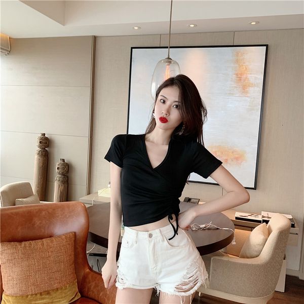 

new spring summer with cleavage short women's t-shirt club thin harvest superior cordon black shirt white tie n9if