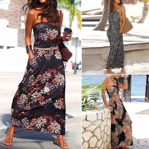 

women's fashion print tube sleeveless shoulder long dress1, Black;gray