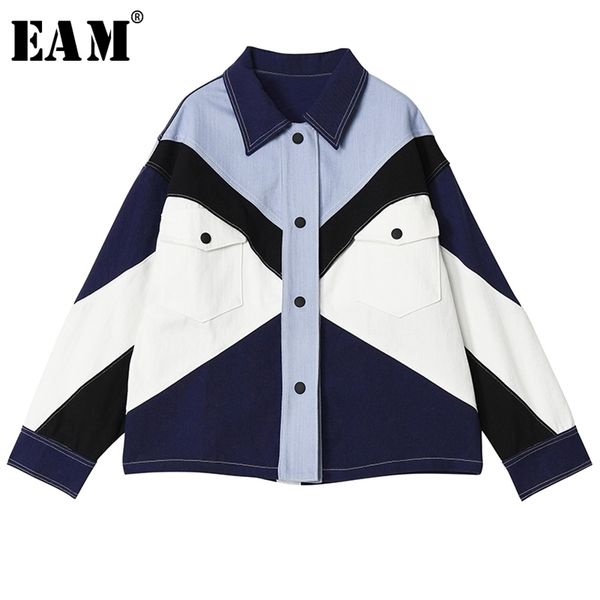 

[eam] loose fit contrast color split big size denim jacket new lapel long sleeve women coat fashion tide spring 2020 lj201021, Black;brown