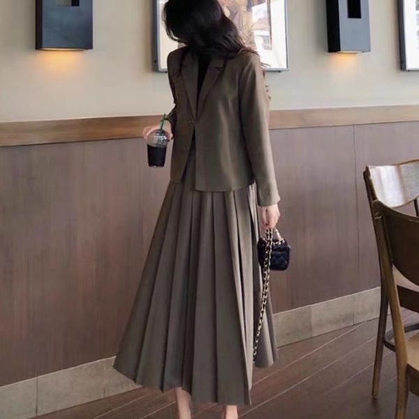 

autumn korean two piece set women casual blazer jacket coat + drawstring pleated skirt suits ladies 2 piece set, Gray