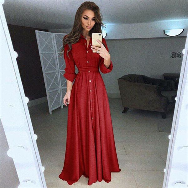 

plus size new long dress women long sleeve boho button down summer maxi dress clothing casual loose elegant dresses 2019, Black;gray