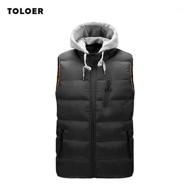 

mens autumn winter vest jacket hooded sleeveless slim casual male waistcoat detachable-hat solid zipper thick warm men jacket1, Black;white