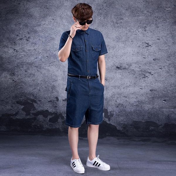 

siamese denim men's jumpsuit denim suit siamese men's tide jumpsuit wear tide shorts short sleeve summer jeans men1, Blue