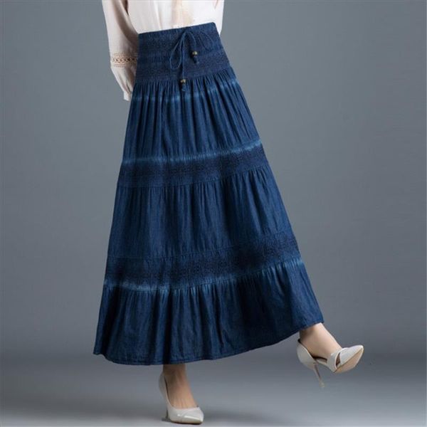 

national style denim skirt vintage long skirt summer women dark blue maxi jean skirt high waist pleated casual ds50662, Black