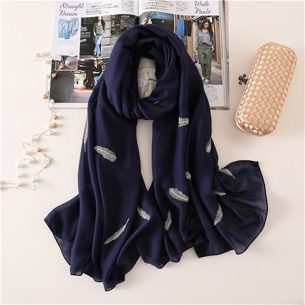 

women scarf fashion embroider feather cotton winter scarves for lady shawls and wraps pashmina warm long size stoles hijab y201024, Blue;gray