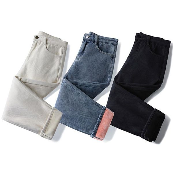

favorite of small height autumn and winter warm thick jeans women fashions plus velvet jeans stretch straight pants female denim, Blue