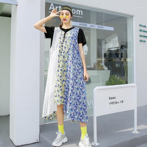 

french retro floral dress female 2020 new korean version of the color contrast loose large size fat mm mid-length dress summer1, Black;gray