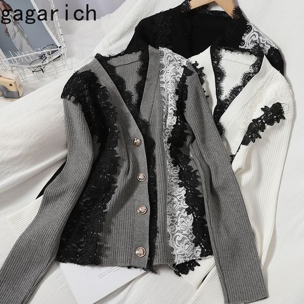 

gagarich women sweater autumn fashion stitching contrast color lace slimming knitted korean style all-match v-neck cardigan 201202, White;black