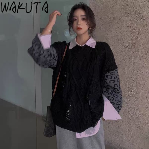 

wakuta fashion leopard patchwork autumn winter 2020 ladies knitted sweater women korean version hole design pullovers loose lazy h1211, White;black