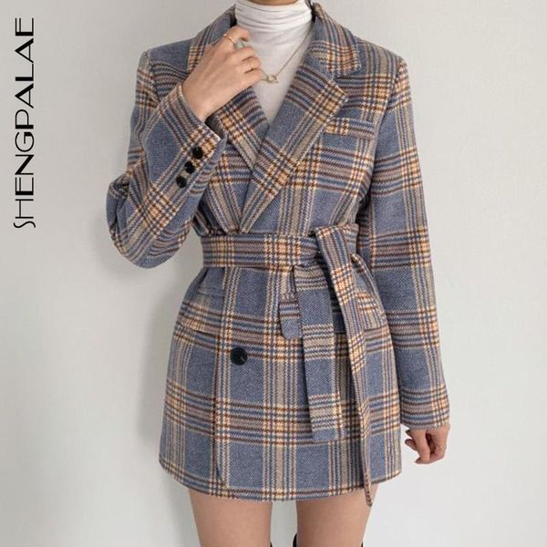 

shengpalae 2020 korean autumn and winter women's woolen coat suit collar plaid one button lace up waist long sleeve coat zc134, Black