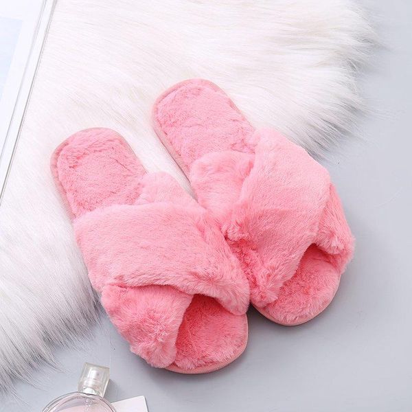 

slippers winter women house faux fur warm flat shoes female slip on home furry ladies size 36-43, Black