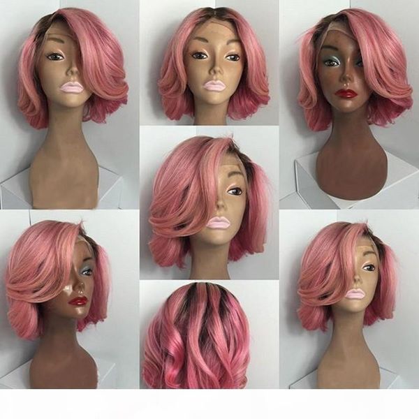 

150density natural wavy ombre color short synthetic lace wigs pink bob wig heat resistant hair wigs with baby hair, Black