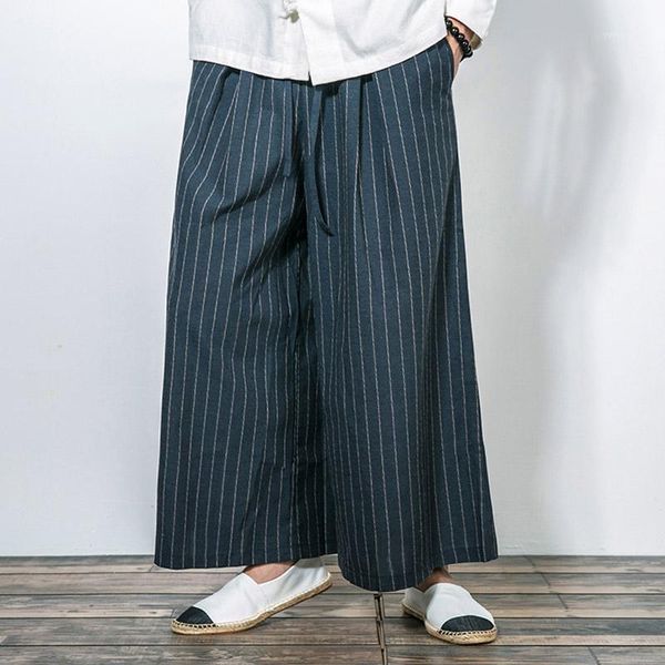 

new men wide leg pant cotton linen comfortable loose casual pants loose stripe male skirt trousers1, Black