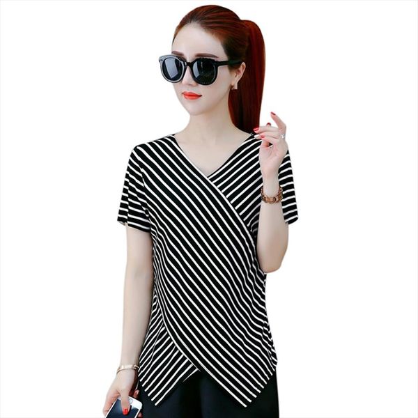 

women short sleeve t shirt v neck striped slim fit summer irregular hem mx8 drop shipping, White