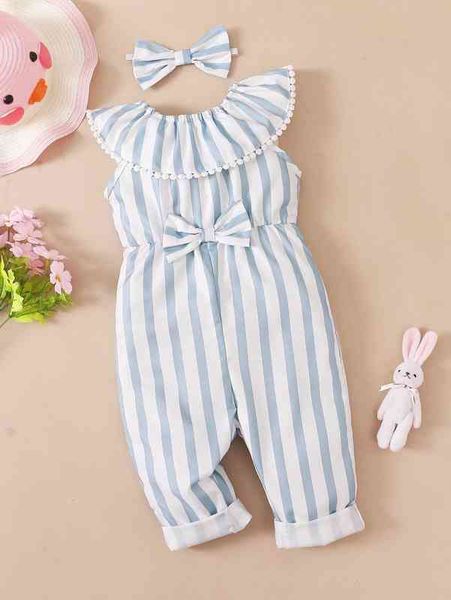 

baby vertical striped ruffle trim bow front jumpsuit with headband she, Blue