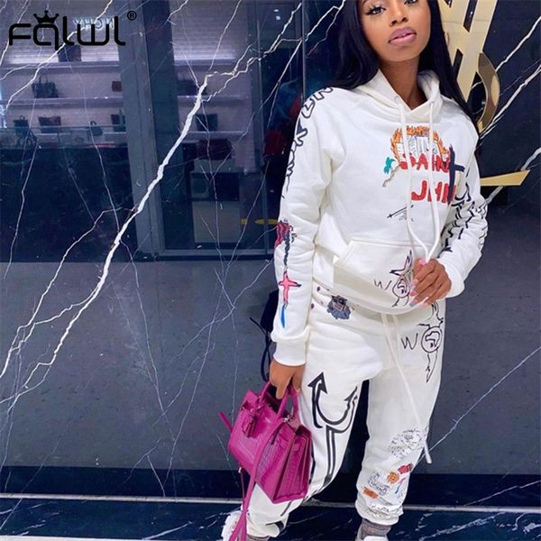 

fqlwl граффити streetwear два 2 piece set женщины tracksuit женских белой черная толстовка брюки женщина matching комплекты наряды sweatsuit, Gray