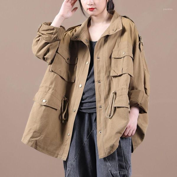 

autumn outerwear new style korean loose large size multi-pocket drawstring waist tooling windbreaker jacket women coat k11251, Tan;black