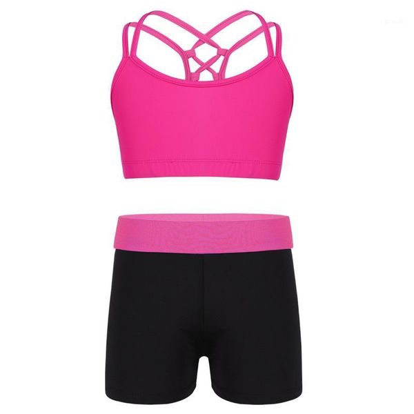 

running sets kids girls ballet dance costume sports bra tanks crop gym shorts tracksuit set gymnastic workout fitness activewear1, Black;blue