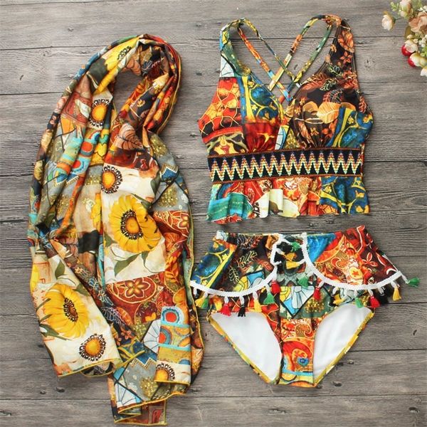 

new women printed high waist three piece bikini set biquinis bathing suit swimming beach wear tassel summer swimsuit y200319, White;black