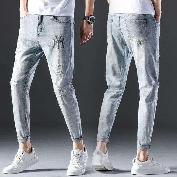 

весенние джинсы jeanspants и jeansand летних модной легкие белые джинсы мужские универсальный harlem пригонка эластичных капри модных мужски, Blue