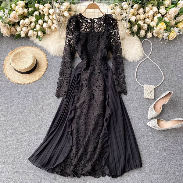 

2021 new singiny design in elegant girly lace solid long the line dressed autumn fashion streetwear dresses suur, Black;gray