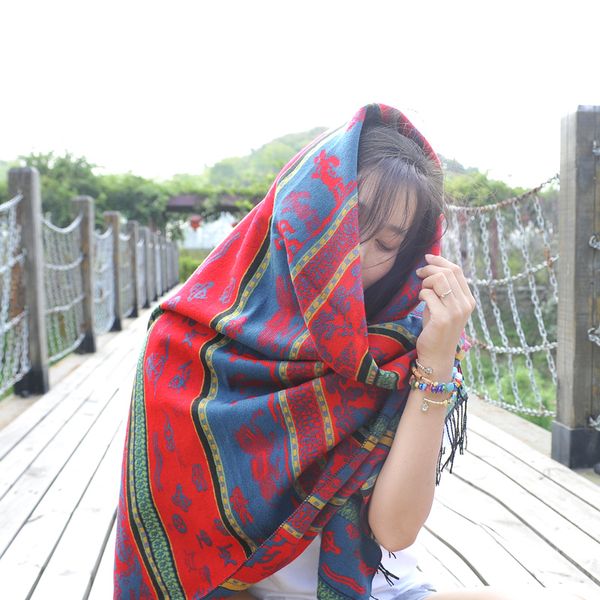 

ethnic style scarf for women thickened super autumn winter lijiang tourism big kerchief warm shawl cloak dual use, Blue;gray