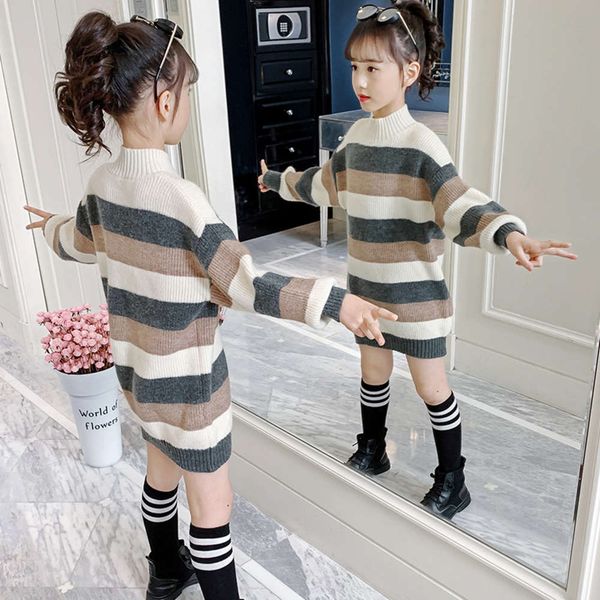 

winter 2020 new middle school girls' color matching striped sweater korean children's wear, Blue