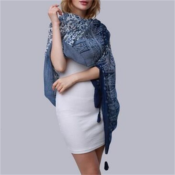 

fashion women scarf summer blue and white porcelain print tassel wraps vaction bufandas mujer female pashmina shawls 175*100cm, Blue;gray