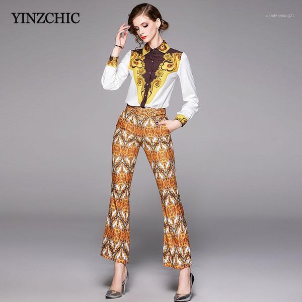 

two piece dress vintage spring woman printed suits regular blouse + flare pants set for office lady female work 2pcs suit 1, White