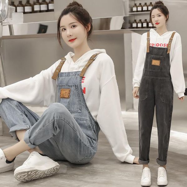 

maternity bottoms 668# 2021 spring korean fashion denim bib jeans jumpsuits clothes for pregnant women loose pregnancy overalls pants, White